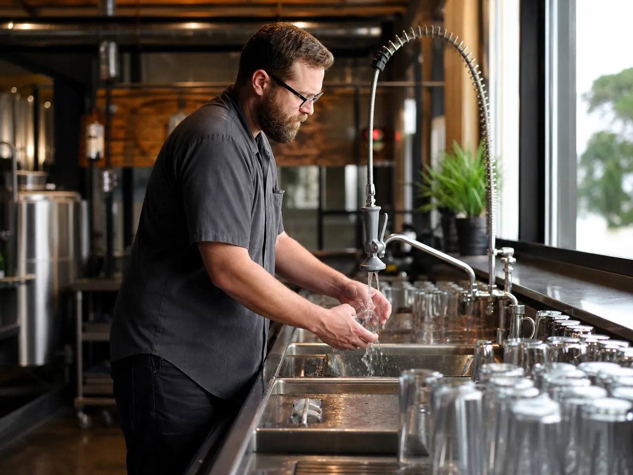 commercial-brewery-bar-sink-area-with-stainless-steel-fixtures-and-running-water-natural-daylight-clean-editorial