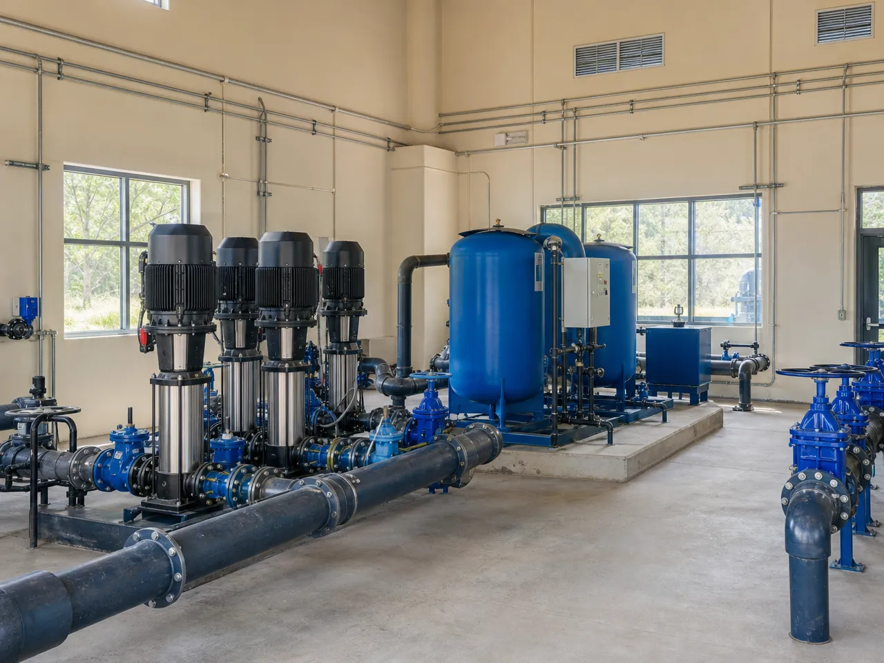 commercial-well-pump-house-with-pressure-tanks-and-piping-interior-natural-daylight-clean-editorial