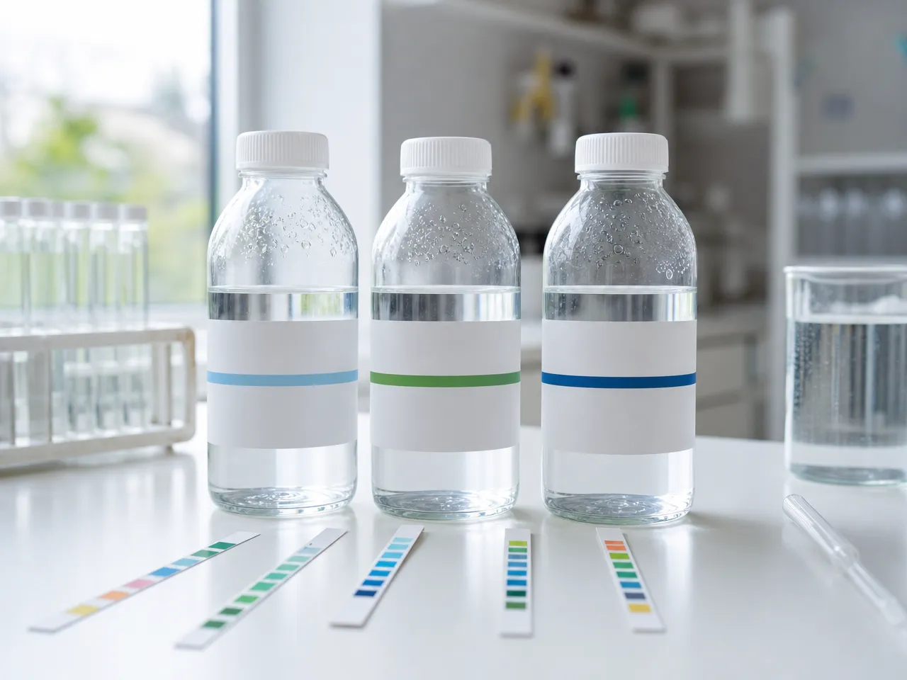 labeled-water-sample-bottles-on-a-white-bench-with-test-strips-natural-daylight-clean-editorial