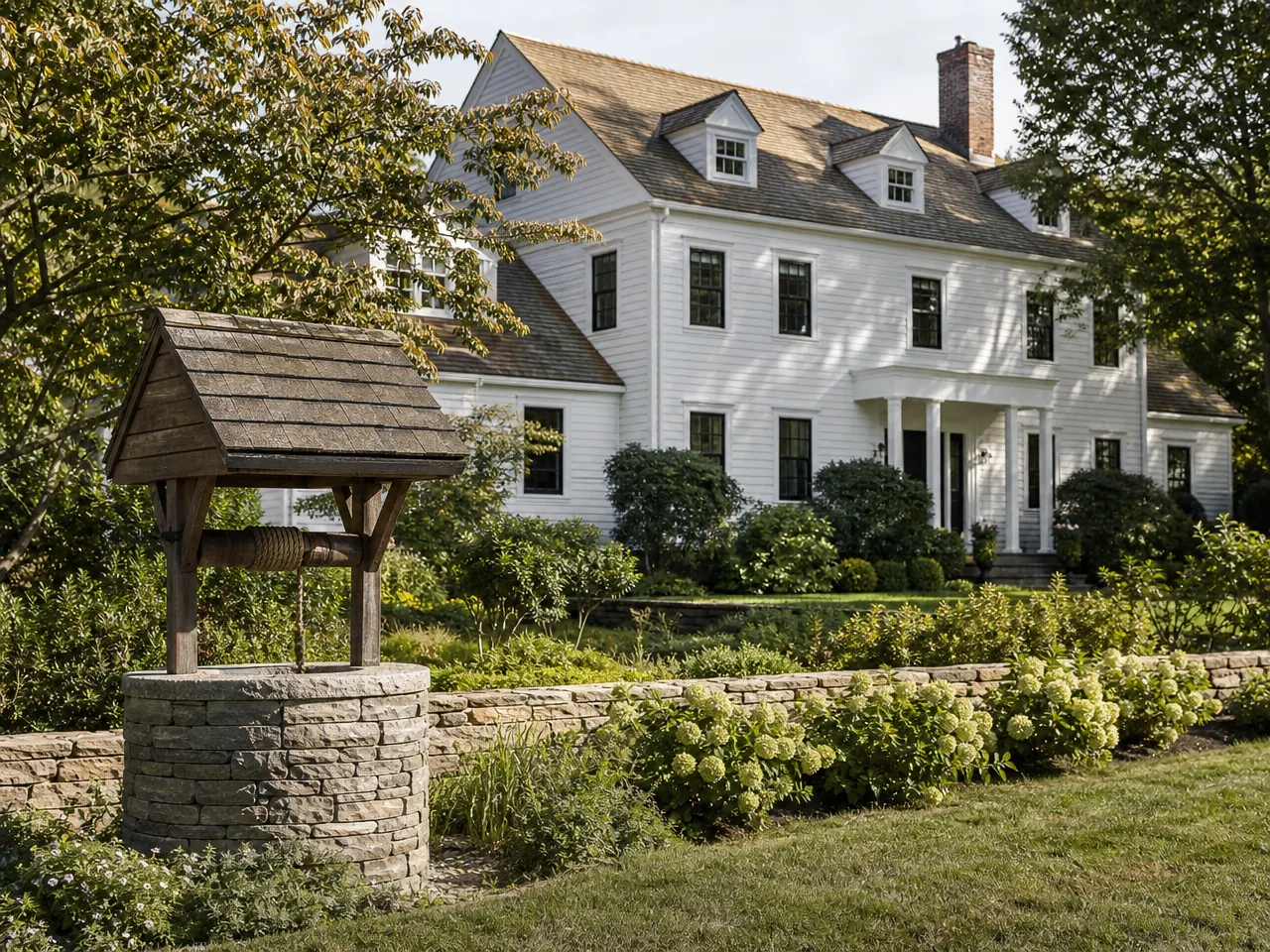 new-england-family-home-with-white-clapboard-siding-and-well-in-the-yard-natural-daylight-clean-editorial